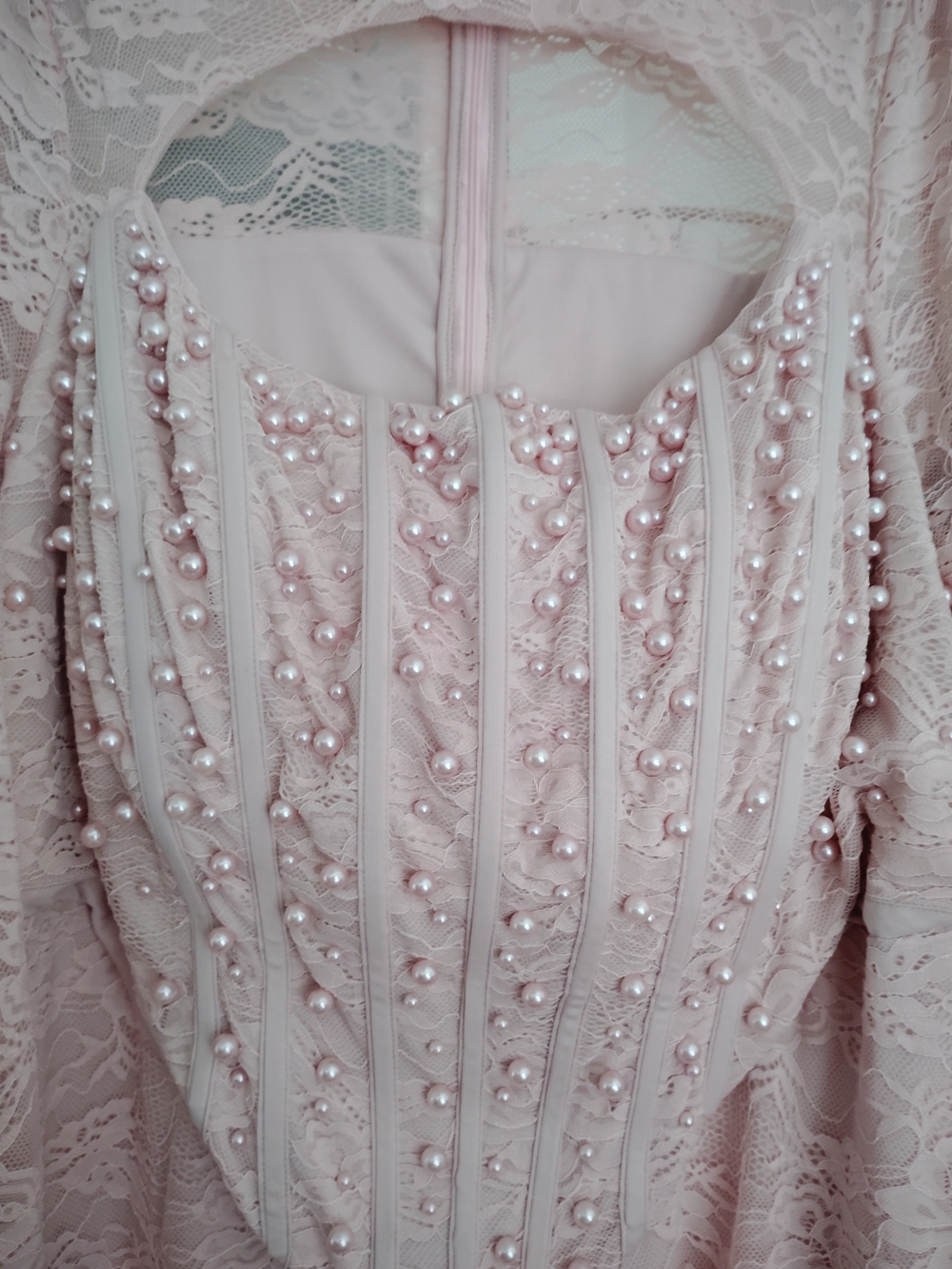 Blush Pink Lace Dress with Pearl Embellishment